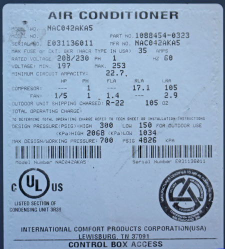 Lennox Air Conditioner Tag 2012