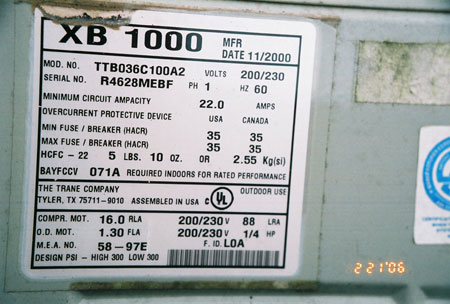 Trane Air Conditioner Tag 2002