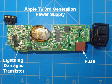 Lightning Damage was on the Back Side of the Printed Circuit Board for Apple TV Power Supply