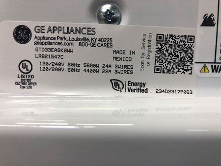 GE Refrigerator Tag