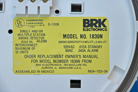  BRK Smoke Alarm Model 1839N Tag