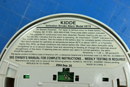 Writing on Back Kidde Model 0915 Smoke Alarm