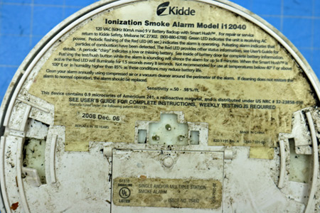 Text on Back Kidde Model i12040 Smoke Alarm